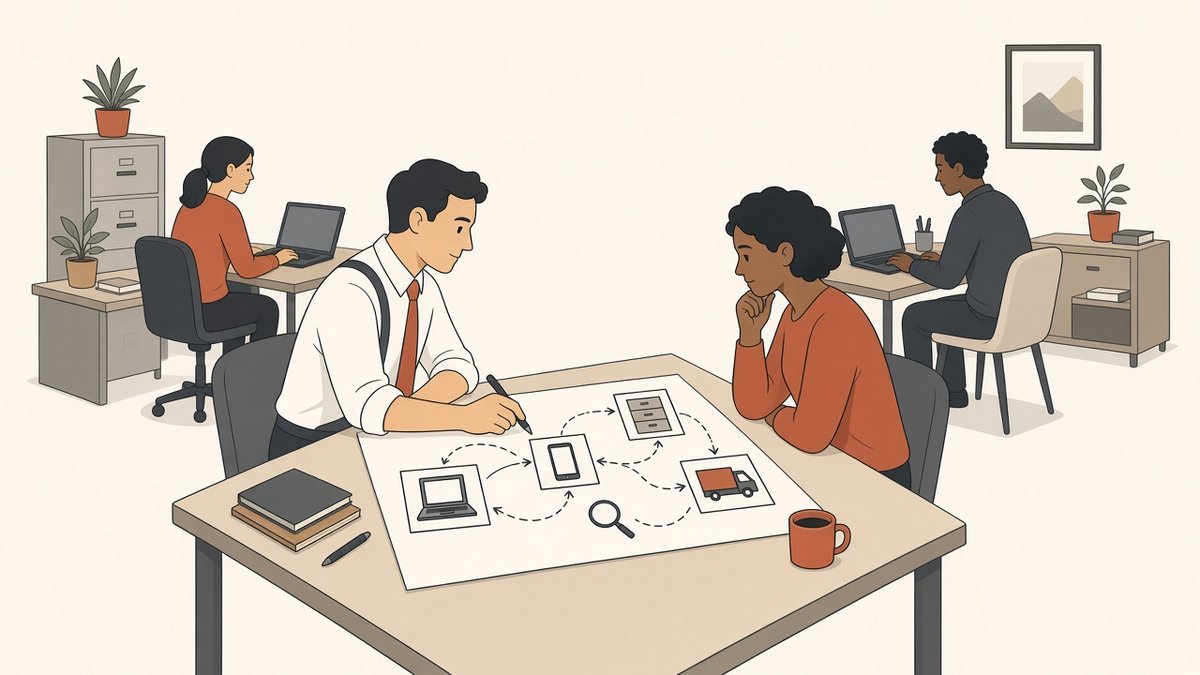 A consultant and an owner at a table sketching a process map of tools and handoffs while staff work at desks in the background.