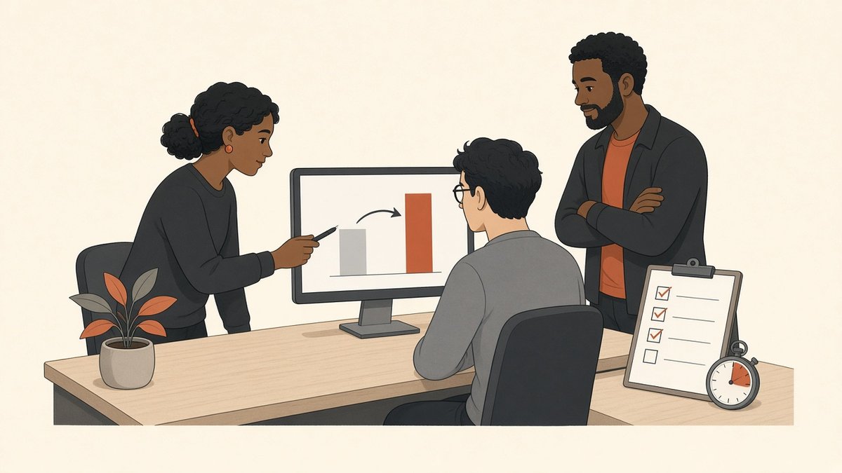 A consultant pointing at a rising bar chart on a monitor with an employee while a manager watches, a checklist and timer on the desk.