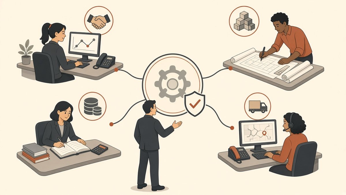 A leader at the center of a connected office, with linked icons for sales, finance, deliveries, and approvals flowing between staff at their desks.