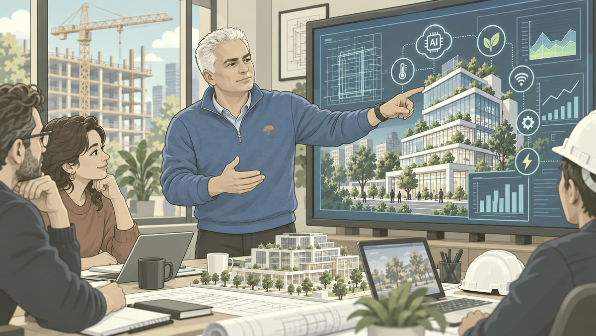 John pointing to a large screen showing a modern green building and AI data, leading a meeting with a small team around a table with a building model, blueprints, and a hard hat, a construction crane visible through the window.