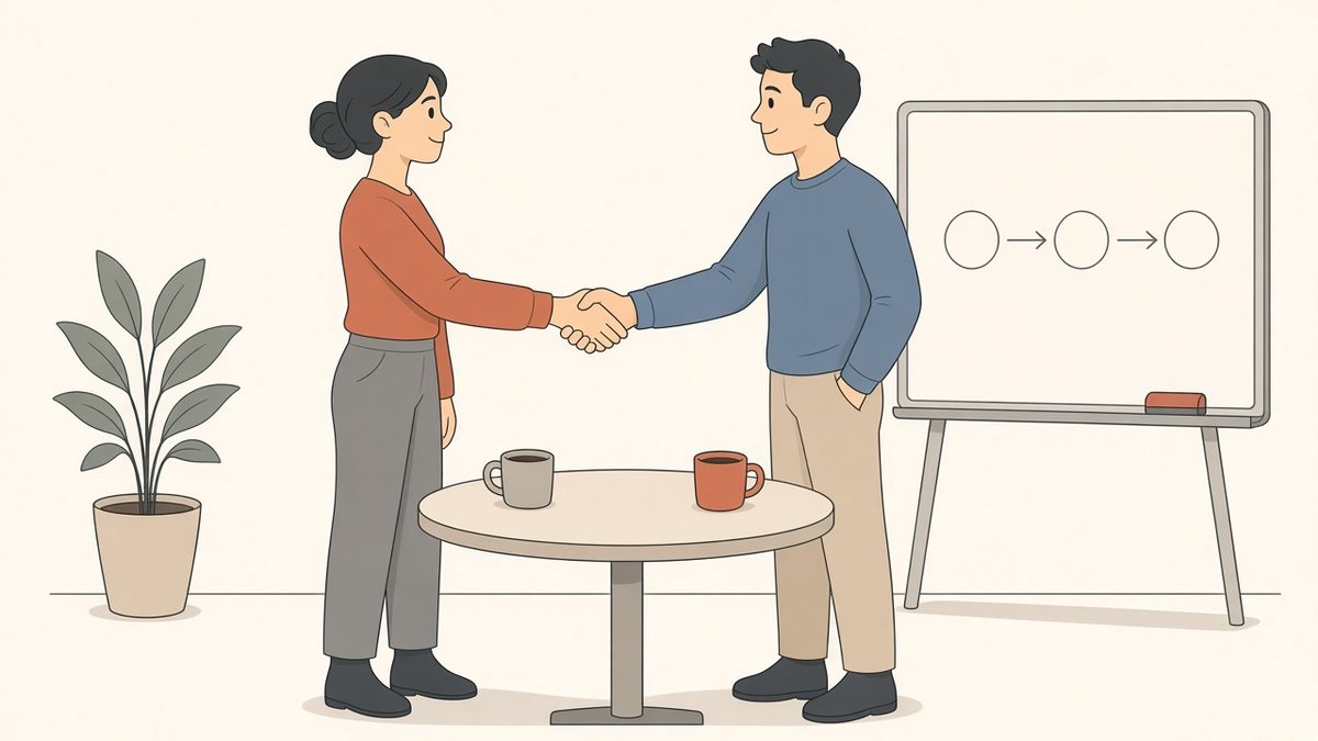 Two people shaking hands beside a small table with coffee cups, next to a whiteboard showing a simple three-step flow.