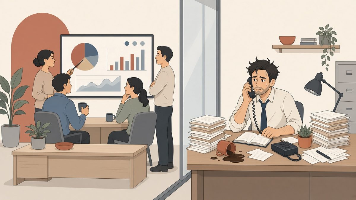 Side by side in an office: a calm team reviewing charts on a shared dashboard, and an overwhelmed owner buried in paperwork at his desk, phone to his ear and coffee spilled.