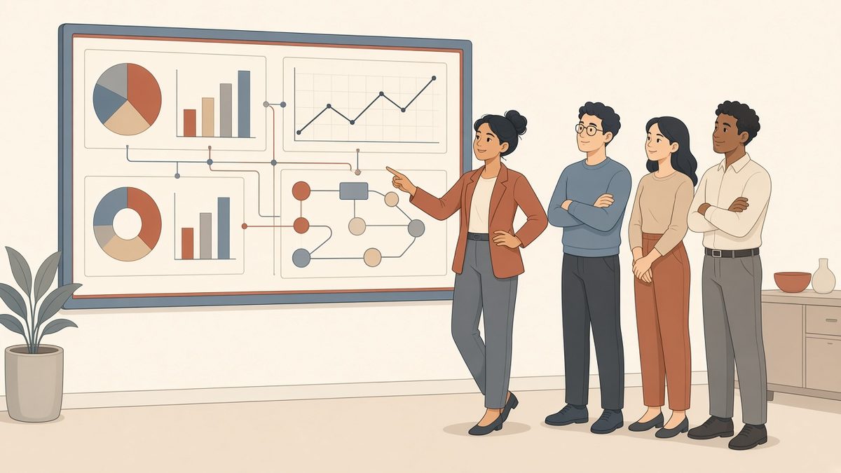 A leader presenting a connected dashboard of linked charts and workflows on a wall screen to three attentive colleagues.