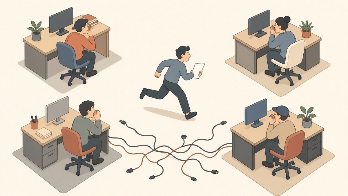 Employees working at separate island desks with unplugged cables trailing between them while one person runs from desk to desk carrying a paper.
