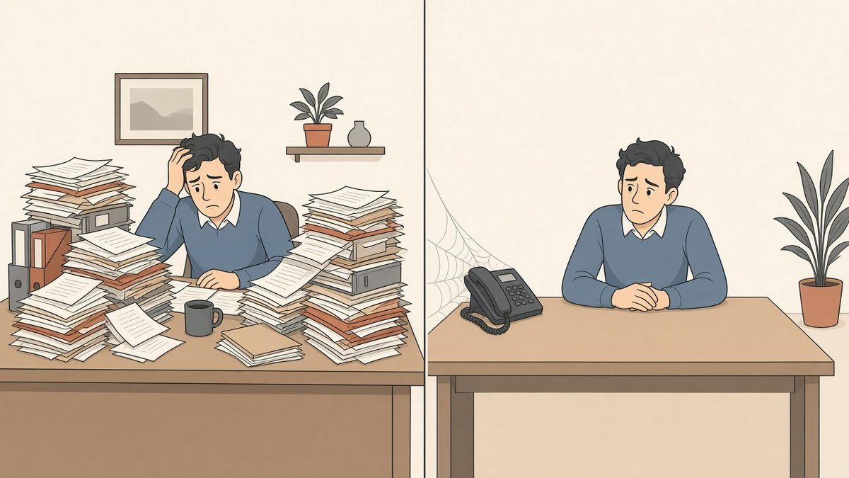 Two desks side by side: an owner buried under towering stacks of job folders, and the same owner at an empty desk beside a cobwebbed phone.