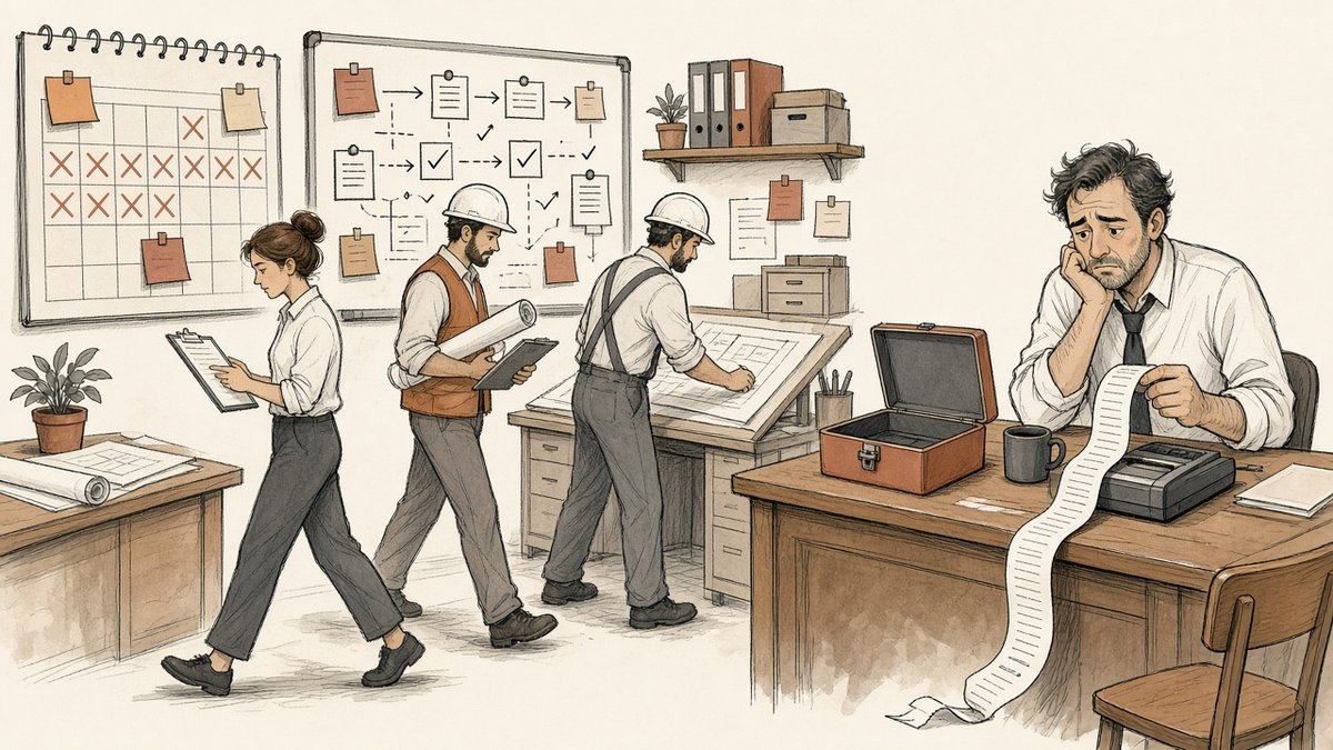 A busy office with a full calendar and job board and staff hurrying with clipboards and plans, while the owner at his desk stares at a long adding-machine tape beside an empty cash box.