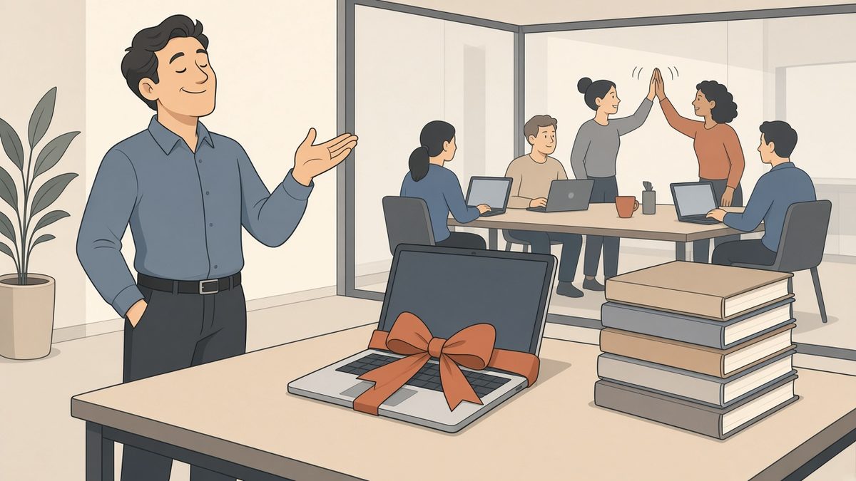 A beaming manager presenting a gift-wrapped laptop with a red bow on a stack of manuals, while through the glass wall a competitor's team high-fives around their desks.